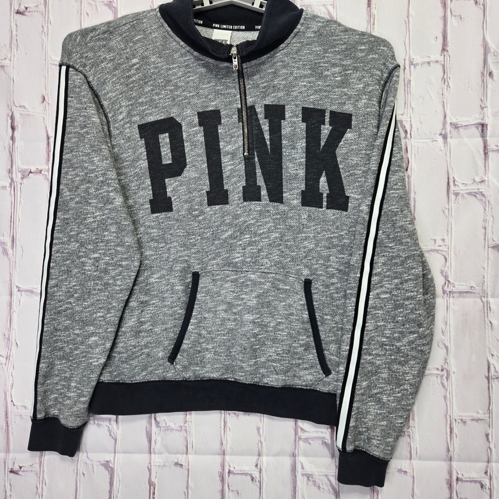 Pink Victoria's Secret Quarter Zip Gray Marl Logo Sweatshirt Women Medium